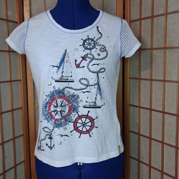 Palm Grove Women's Embellished Pirate Print Mesh Panel T-Shirt White Small - Picture 5 of 9